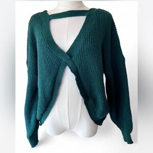 Deep Green Emerald V-Neck Sweater with Cutouts